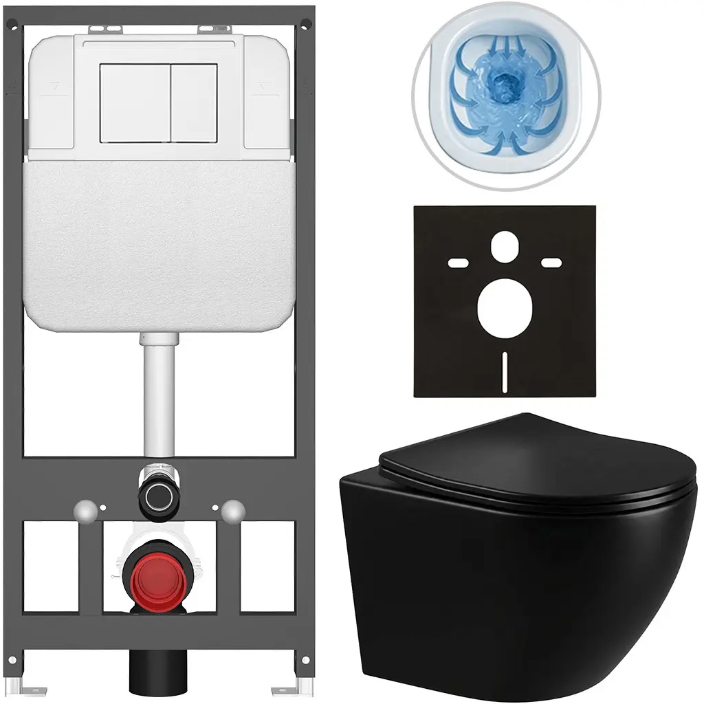 Kompletní WC set Basic/Cesso - černá lesklá - WC tlačítko Maxio/Bílá - závěsné - předstěnová instalace - 49x36 cm