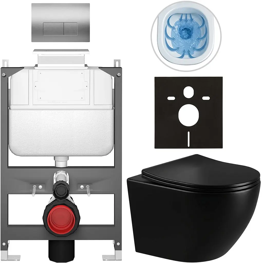 Kompletní WC set Basic/Cesso - černá lesklá - WC tlačítko Modulo/Stříbrná - ovládání shora - předstěnová instalace - 49x36 cm
