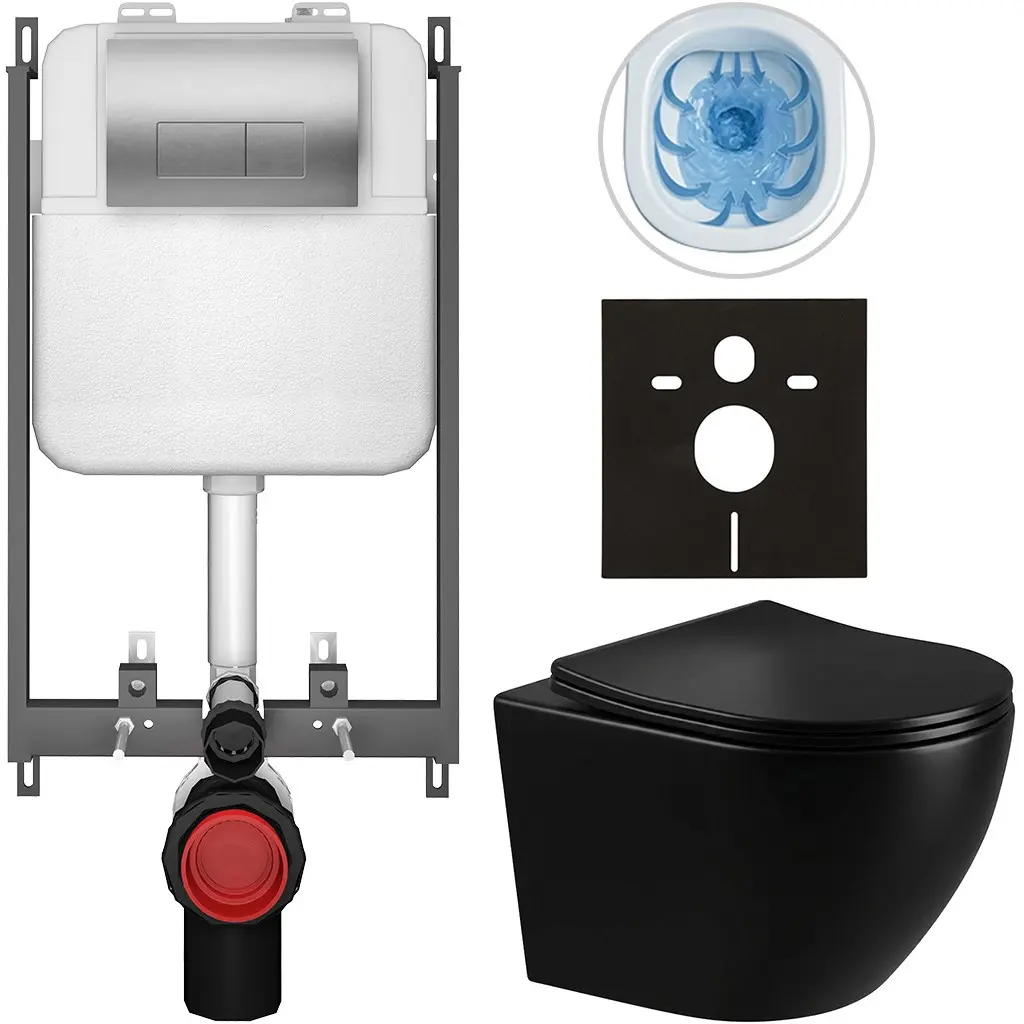 CERANO Kompletní WC set Basic/Cesso černá lesklá WC tlačítko Modulo/Stříbrná pro zazdění 49x36  CER-8050BD86326