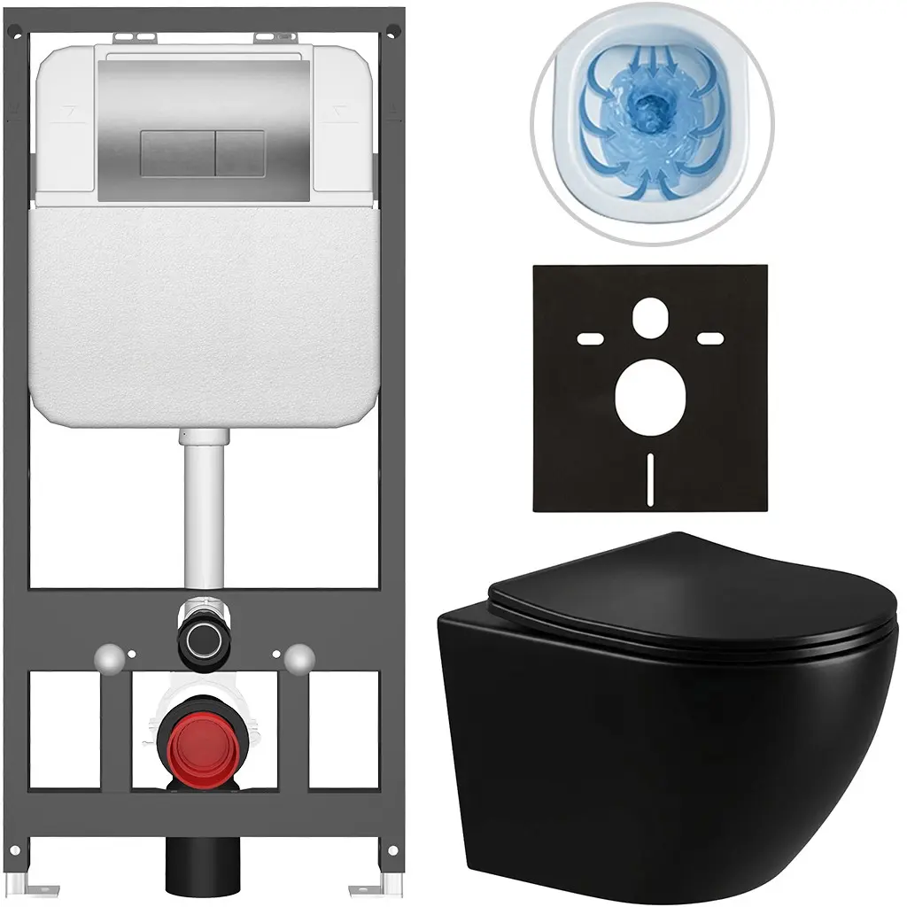 Kompletní WC set Basic/Cesso - černá lesklá - WC tlačítko Modulo/Stříbrná - závěsné - předstěnová instalace - 49x36 cm