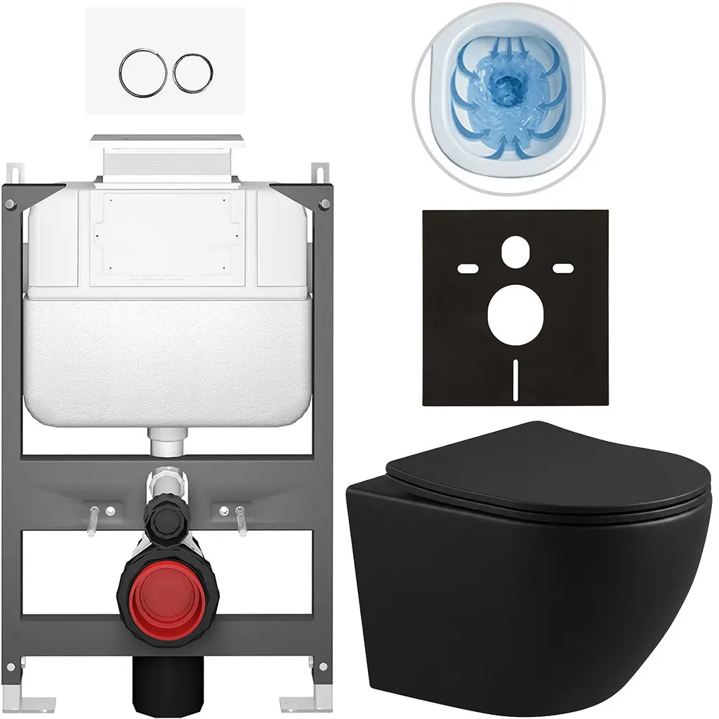 Kompletní WC set Basic/Cesso - černá matná - WC tlačítko Dualo/Bílá - ovládání shora - předstěnová instalace - 49x36 cm - 8050BD86330
