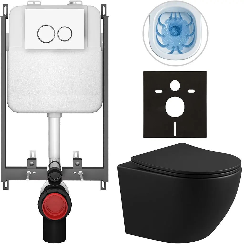 CERANO Kompletní WC set Basic/Cesso černá matná WC tlačítko Dualo/Bílá pro zazdění 49x36  CER-8050BD86331