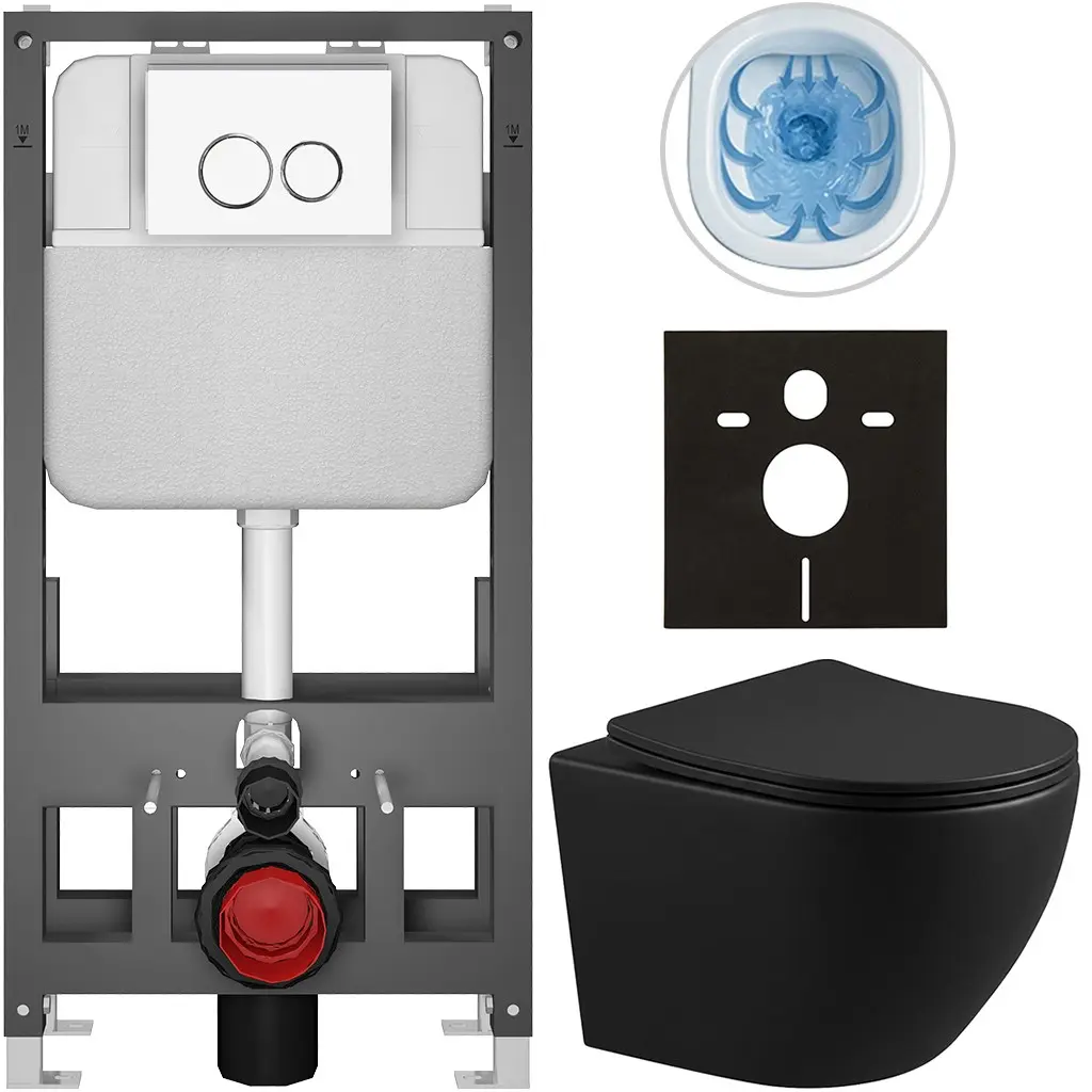 CERANO Kompletní WC set Basic/Cesso černá matná WC tlačítko Dualo/Bílá volně stojící předstěnová instalace 49x36  CER-8050BD86332