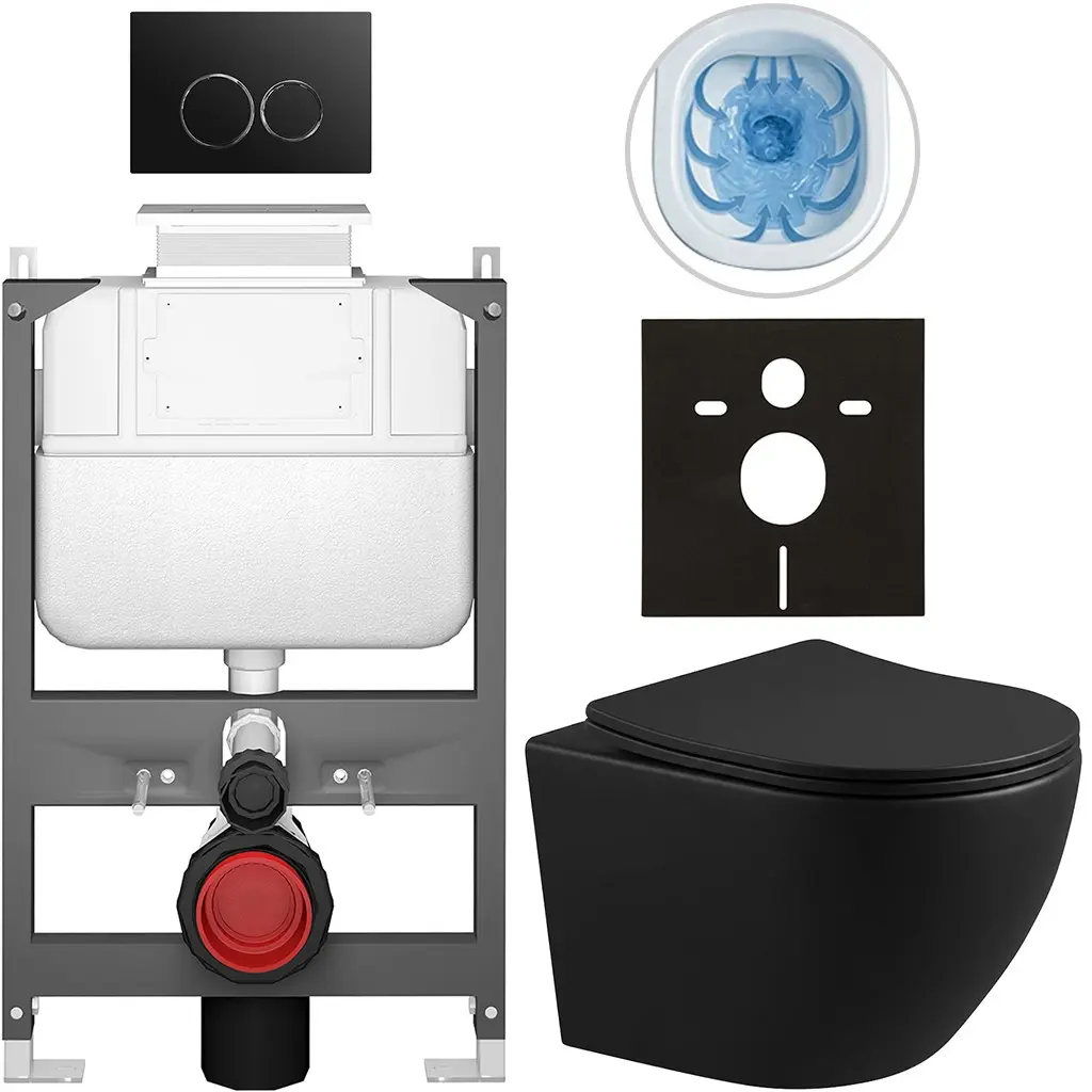 CERANO Kompletní WC set Basic/Cesso černá matná WC tlačítko Dualo/Černá ovládání shora předstěnová instalace 49x36  CER-8050BD86335