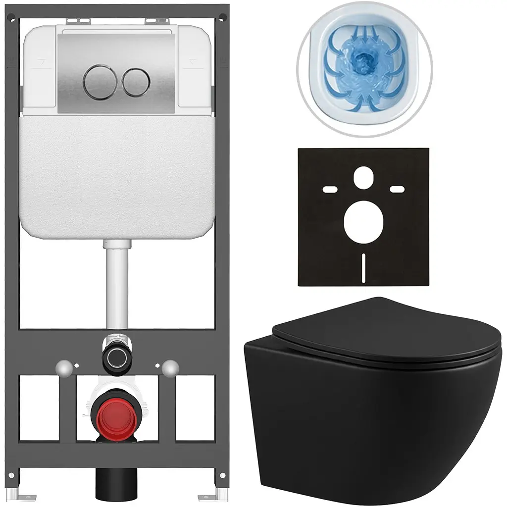 CERANO Kompletní WC set Basic/Cesso černá matná WC tlačítko Dualo/Stříbrná závěsné předstěnová instalace 49x36  CER-8050BD86343