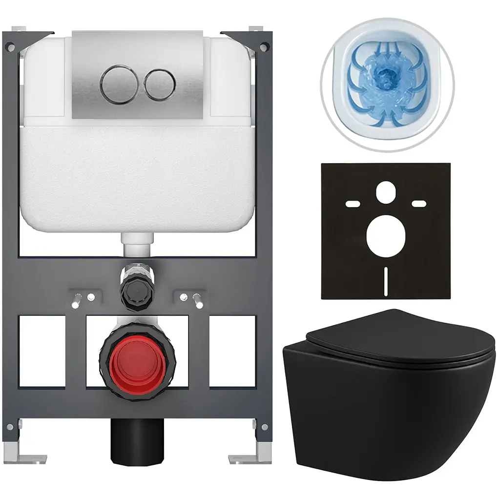 Kompletní WC set Basic/Cesso - černá matná - WC tlačítko Dualo/Stříbrná - závěsné - nízký modul - předstěnová instalace - 49x36 cm - 8050BD86344