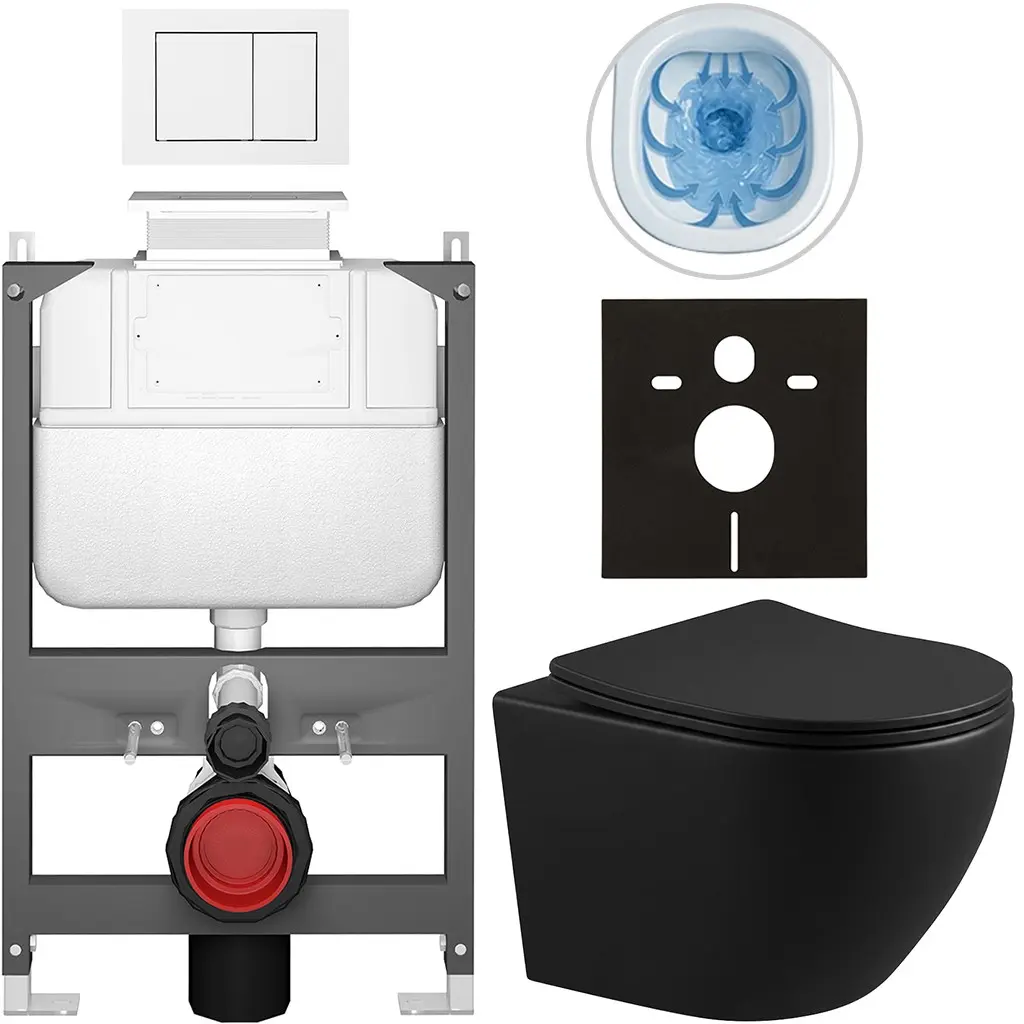 CERANO Kompletní WC set Basic/Cesso černá matná WC tlačítko Maxio/Bílá ovládání shora předstěnová instalace 49x36  CER-8050BD86345
