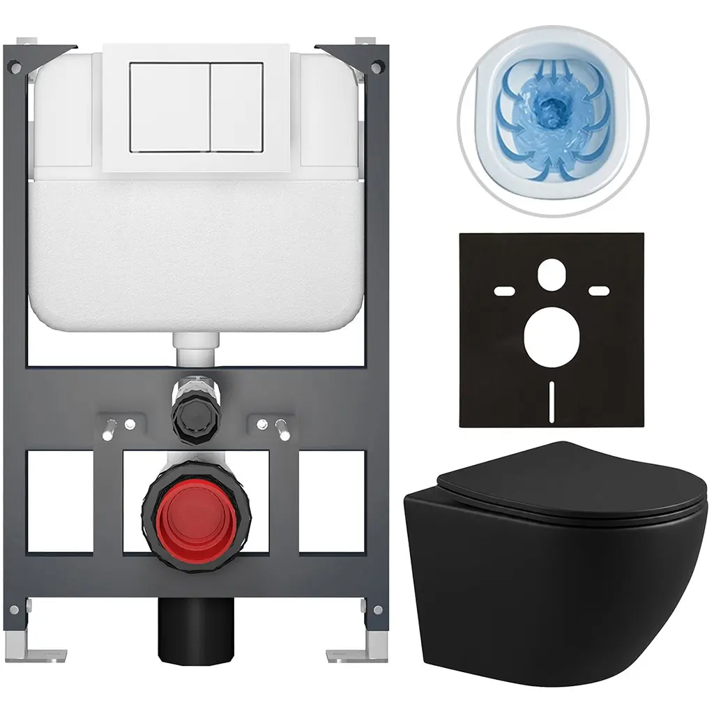Kompletní WC set Basic/Cesso - černá matná - WC tlačítko Maxio/Bílá - závěsné - nízký modul - předstěnová instalace - 49x36 cm - 8050BD86349