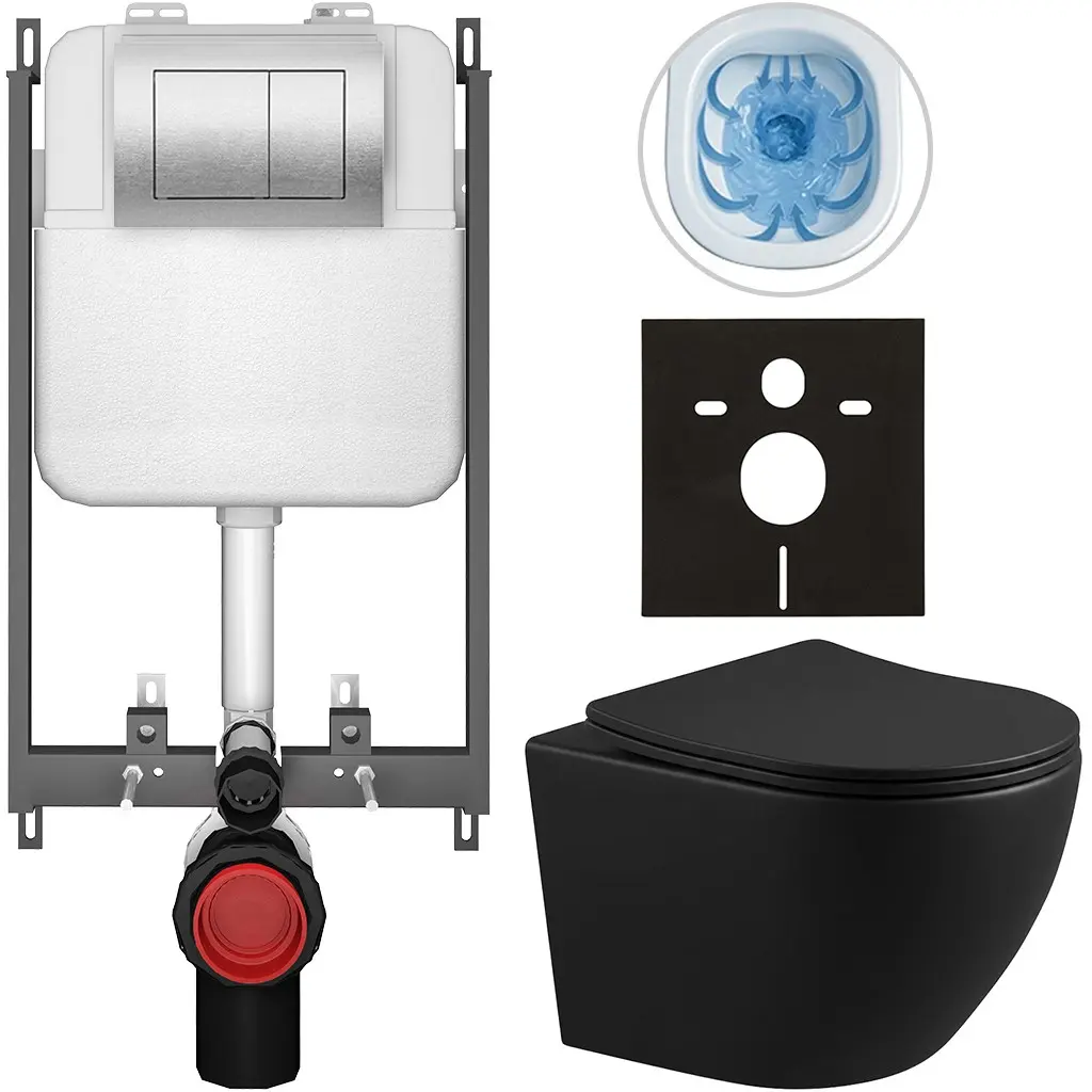 CERANO Kompletní WC set Basic/Cesso černá matná WC tlačítko Maxio/Stříbrná pro zazdění 49x36 CER-8050BD86356