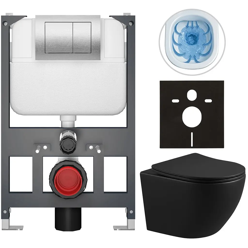 CERANO Kompletní WC set Basic/Cesso černá matná WC tlačítko Maxio/Stříbrná závěsné nízký modul předstěnová instalace 49x36  CER-8050BD86359