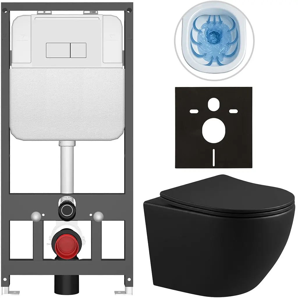Kompletní WC set Basic/Cesso - černá matná - WC tlačítko Modulo/Bílá - závěsné - předstěnová instalace - 49x36 cm - 8050BD86363