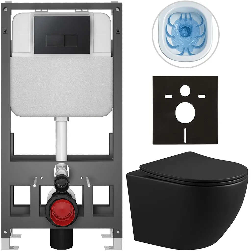 Kompletní WC set Basic/Cesso - černá matná - WC tlačítko Modulo/Černá - volně stojící - předstěnová instalace - 49x36 cm - 8050BD86367