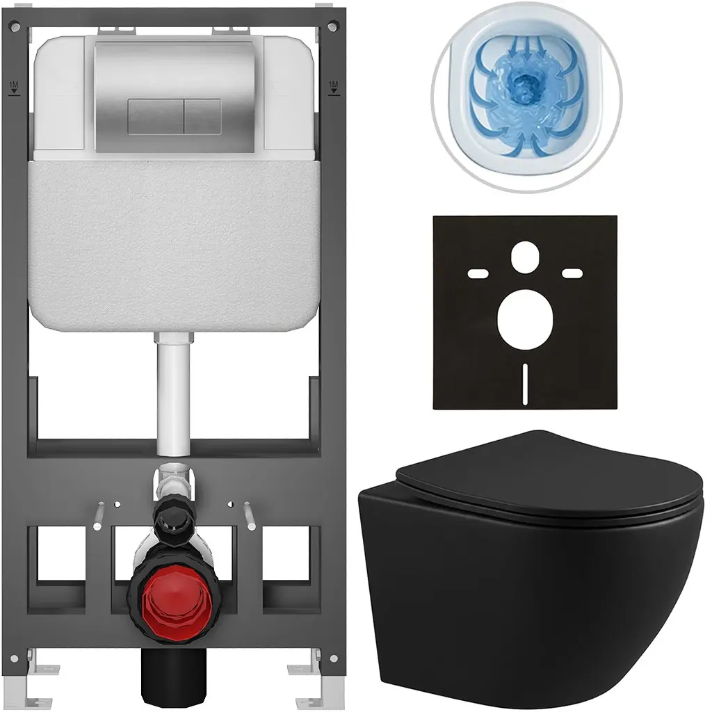 CERANO Kompletní WC set Basic/Cesso černá matná WC tlačítko Modulo/Stříbrná volně stojící předstěnová instalace 49x36 CER-8050BD86372