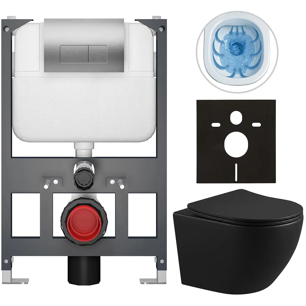 Kompletní WC set Basic/Cesso - černá matná - WC tlačítko Modulo/Stříbrná - závěsné - nízký modul - předstěnová instalace - 49x36 cm - 8050BD86374