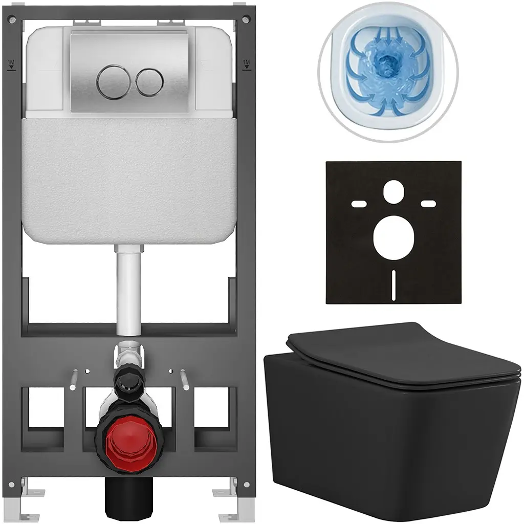 CERANO Kompletní WC set Basic/Forte černá matná WC tlačítko Dualo/Stříbrná volně stojící předstěnová instalace 51x36  CER-8050BD86387