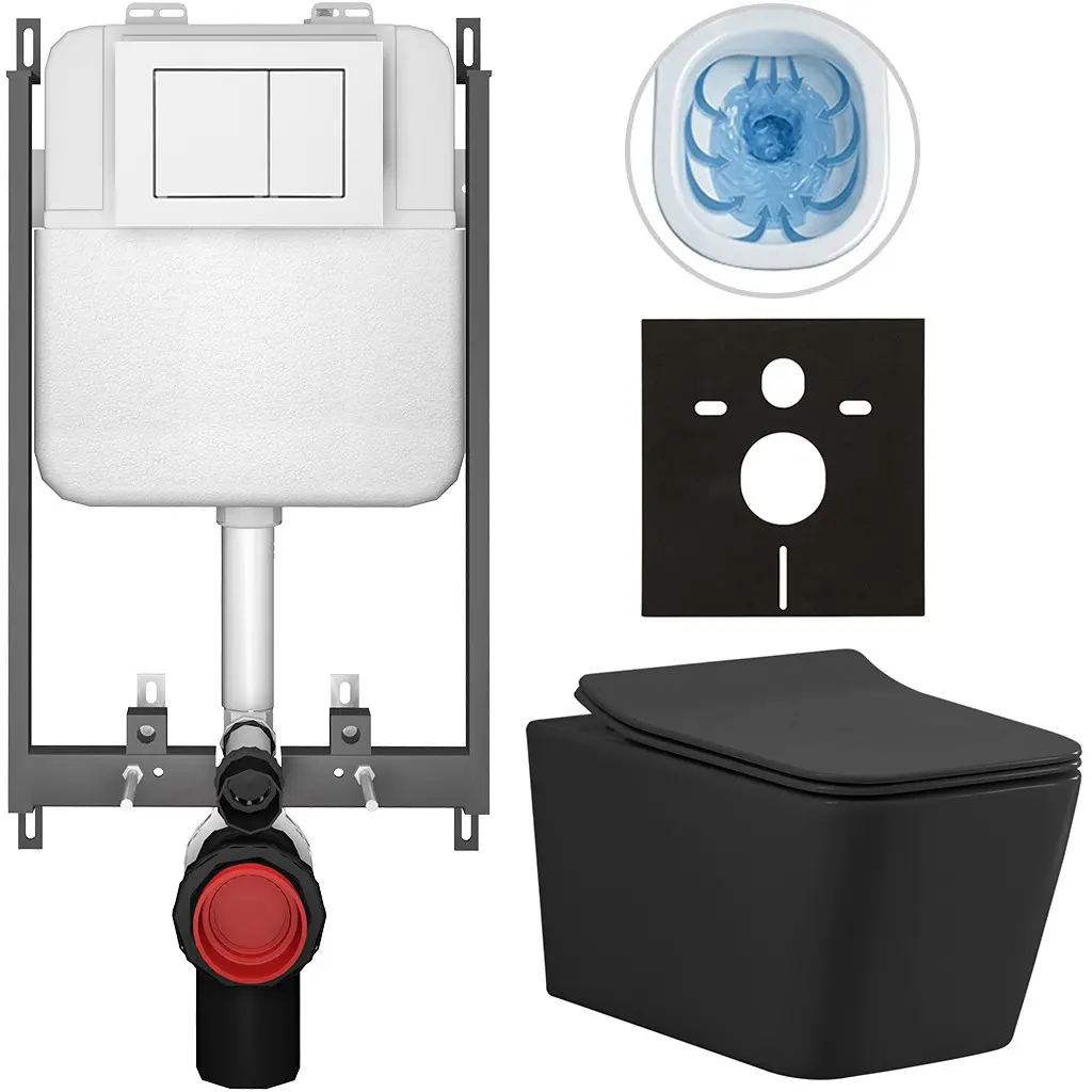 Kompletní WC set Basic/Forte - černá matná - WC tlačítko Maxio/Bílá - pro zazdění - 51x36 cm