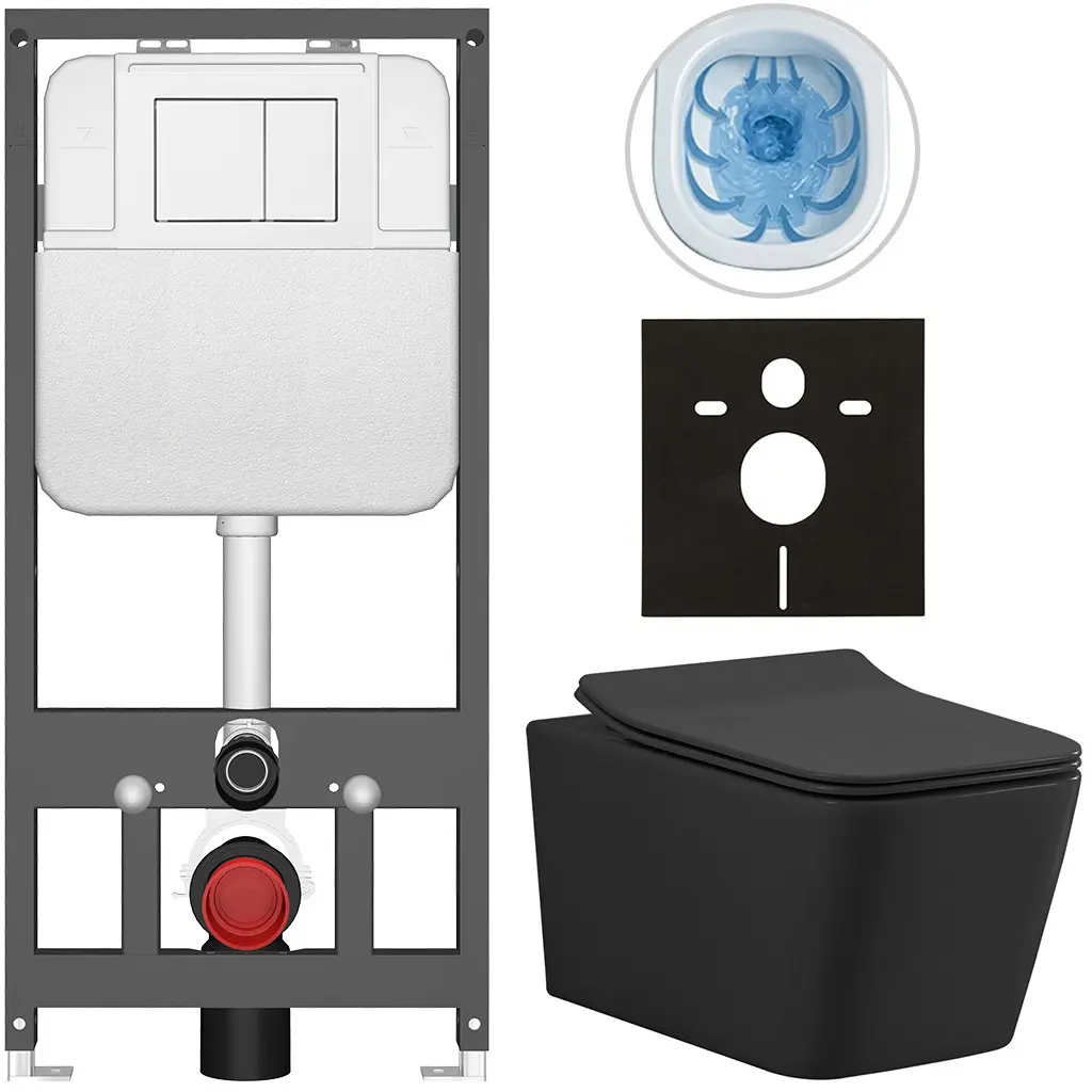 Kompletní WC set Basic/Forte - černá matná - WC tlačítko Maxio/Bílá - závěsné - předstěnová instalace - 51x36 cm