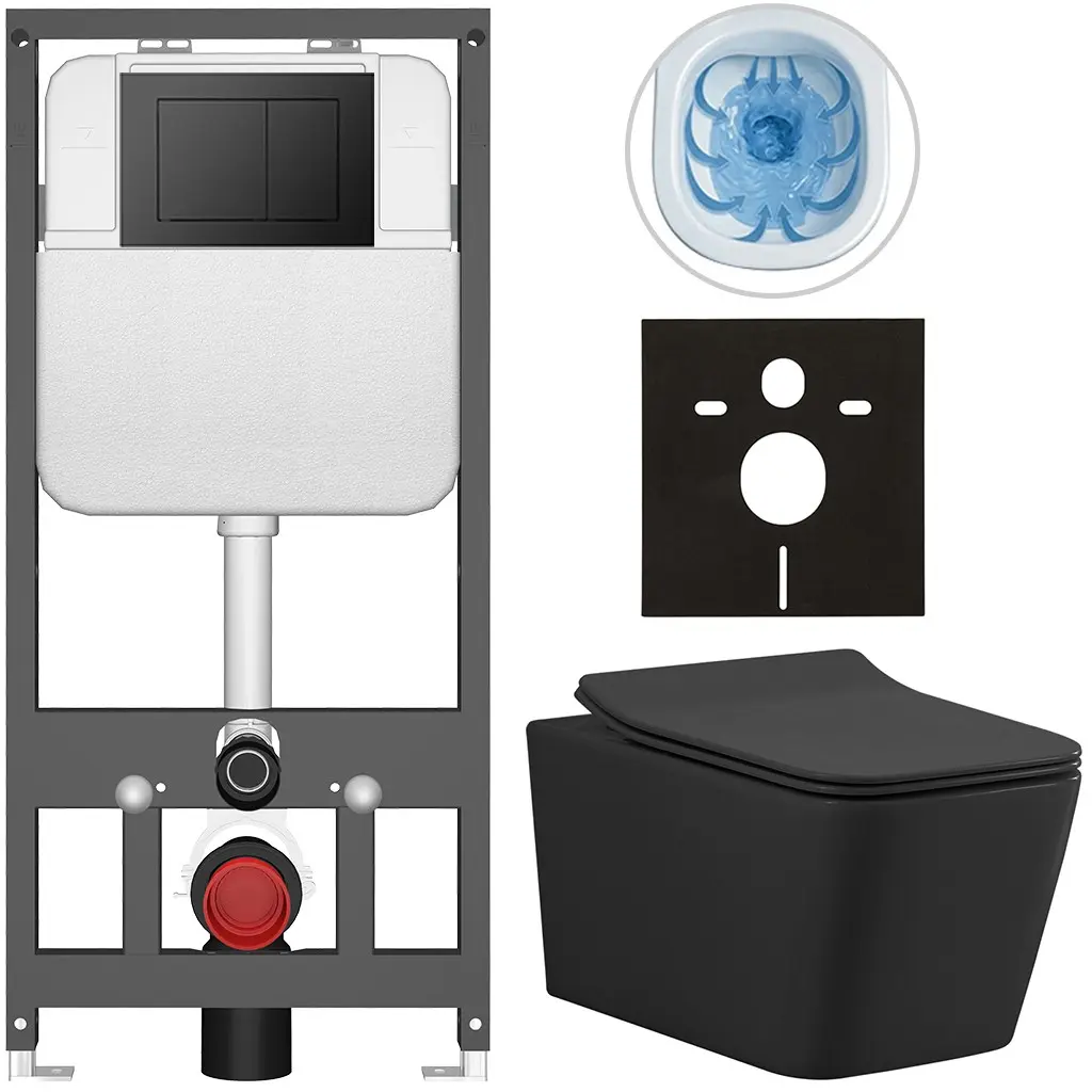 CERANO Kompletní WC set Basic/Forte černá matná WC tlačítko Maxio/Černá závěsné předstěnová instalace 51x36  CER-8050BD86398