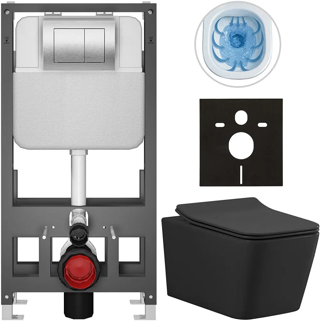 CERANO Kompletní WC set Basic/Forte černá matná WC tlačítko Maxio/Stříbrná volně stojící předstěnová instalace 51x36  CER-8050BD86402
