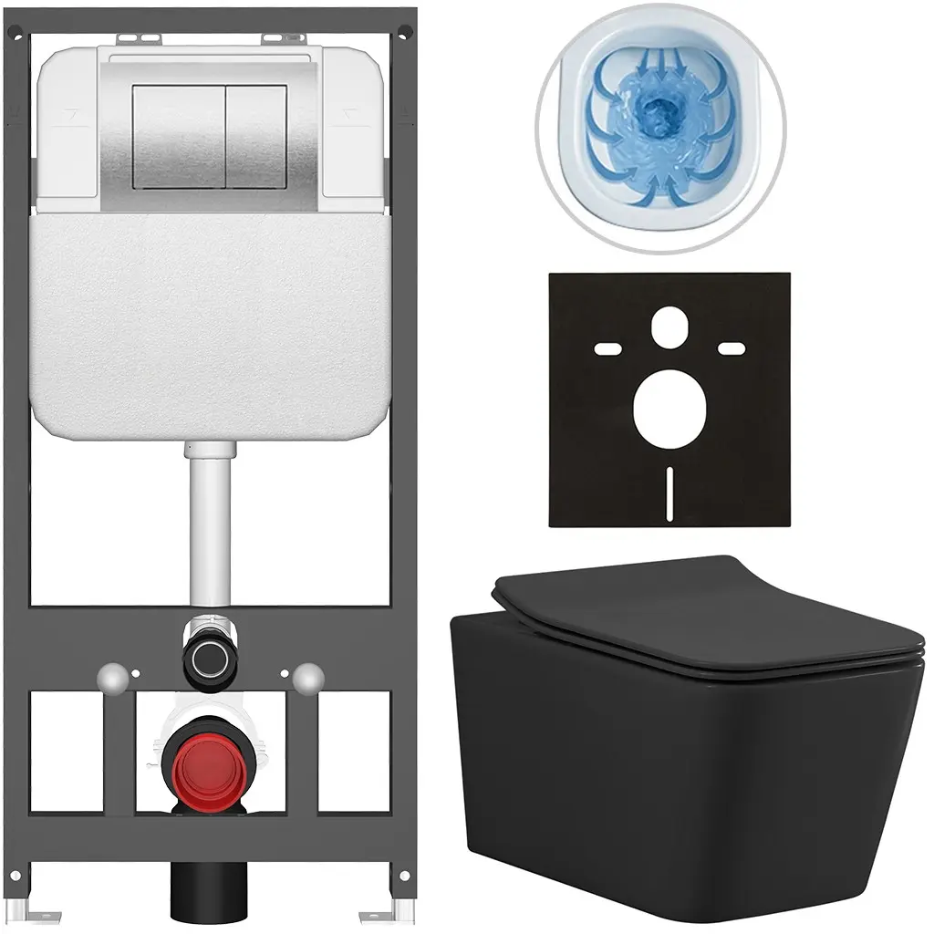 CERANO Kompletní WC set Basic/Forte černá matná WC tlačítko Maxio/Stříbrná závěsné předstěnová instalace 51x36 CER-8050BD86403