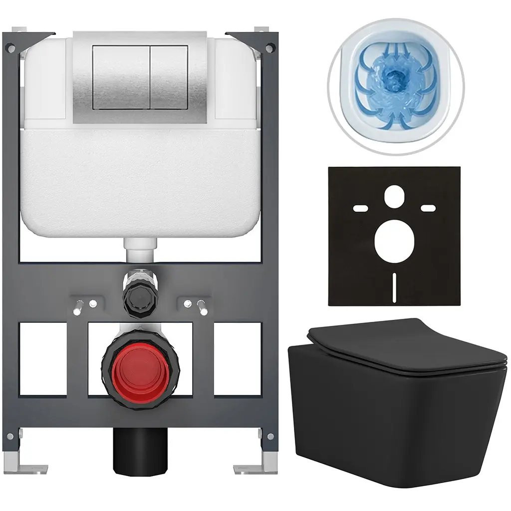 Kompletní WC set Basic/Forte - černá matná - WC tlačítko Maxio/Stříbrná - závěsné - nízký modul - předstěnová instalace - 51x36 cm