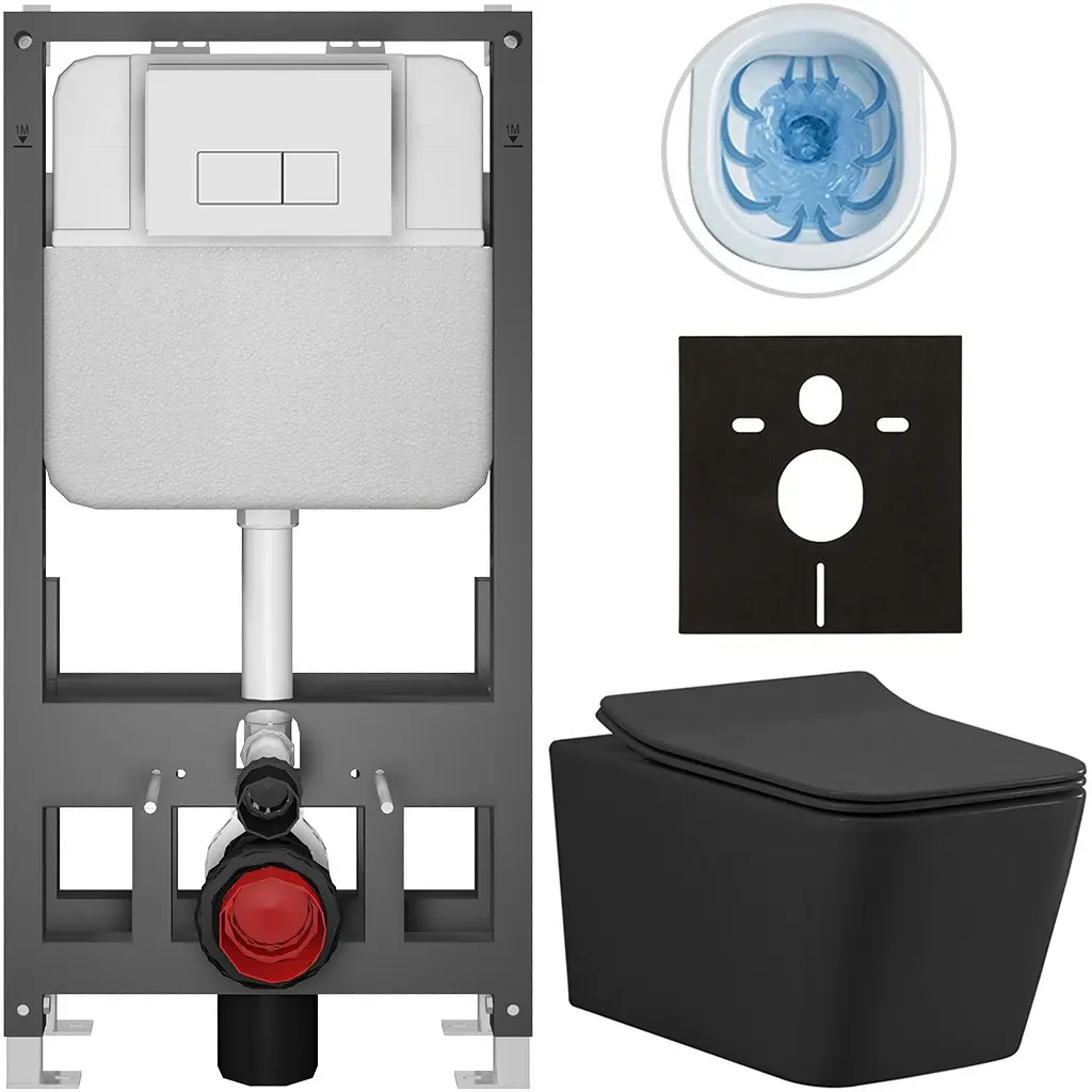 CERANO Kompletní WC set Basic/Forte černá matná WC tlačítko Modulo/Bílá volně stojící předstěnová instalace 51x36  CER-8050BD86407