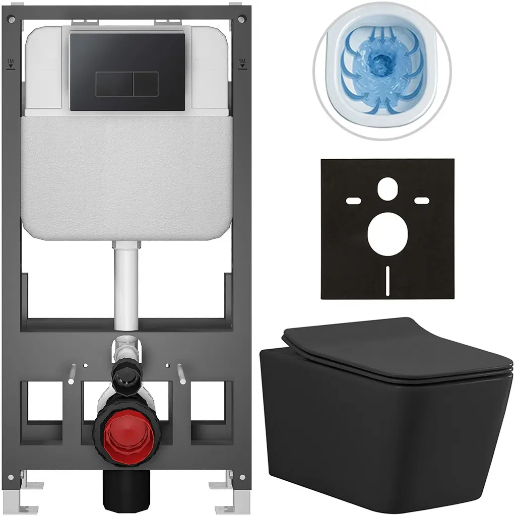 CERANO Kompletní WC set Basic/Forte černá matná WC tlačítko Modulo/Černá volně stojící předstěnová instalace 51x36  CER-8050BD86412