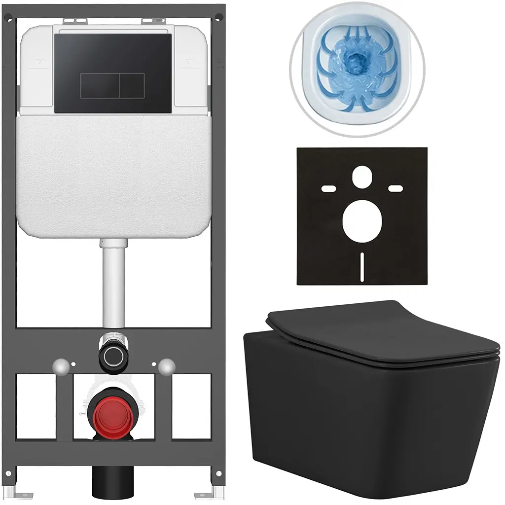 Kompletní WC set Basic/Forte - černá matná - WC tlačítko Modulo/Černá - závěsné - předstěnová instalace - 51x36 cm