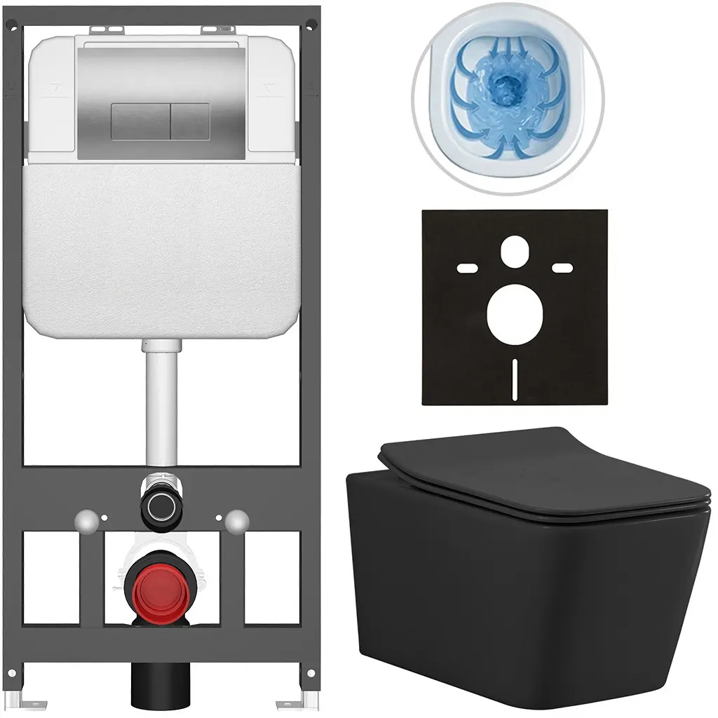 CERANO Kompletní WC set Basic/Forte černá matná WC tlačítko Modulo/Stříbrná závěsné předstěnová instalace 51x36  CER-8050BD86418