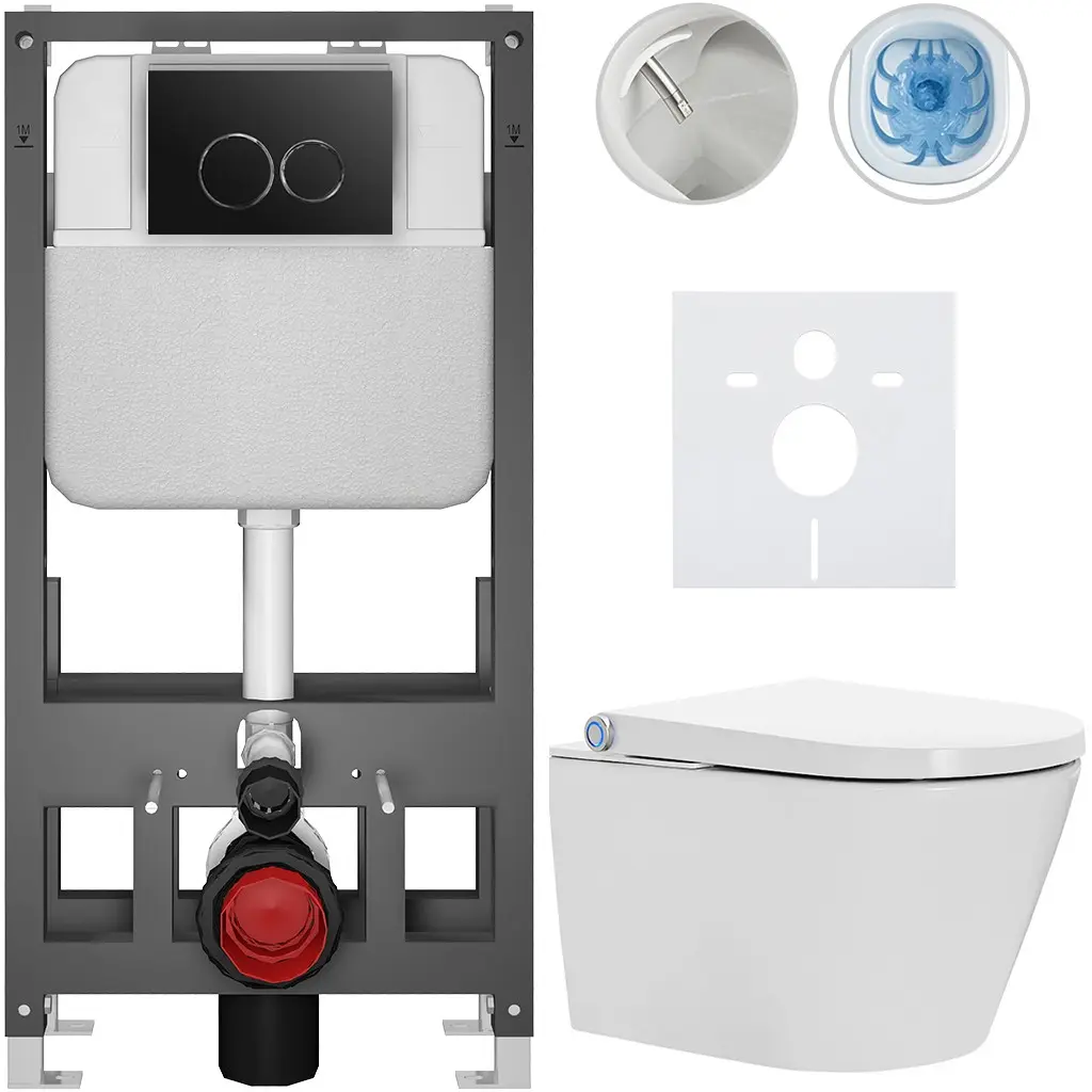 Závěsné WC s bidetem Basic/Cronus Standard - bílá lesklá - WC tlačítko Dualo/Černá - volně stojící - předstěnová instalace - 59,3x38,4 cm