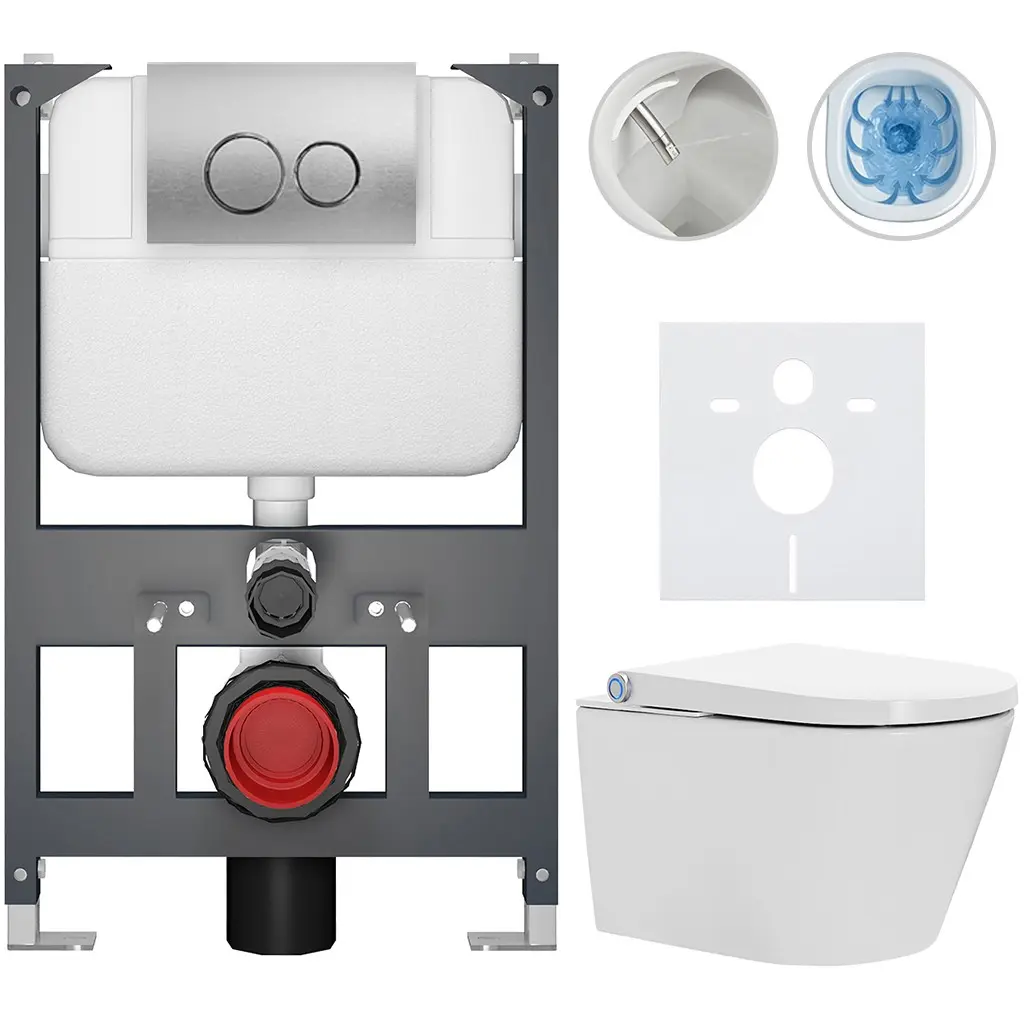 Závěsné WC s bidetem Basic/Cronus Standard - bílá lesklá - WC tlačítko Dualo/Stříbrná - závěsné - nízký modul - předstěnová instalace - 59,3x38,4 cm