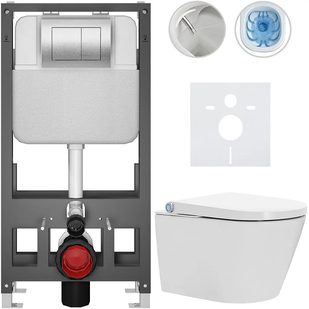 Závěsné WC s bidetem Basic/Cronus Standard - bílá lesklá - WC tlačítko Maxio/Stříbrná - volně stojící - předstěnová instalace - 59,3x38,4 cm