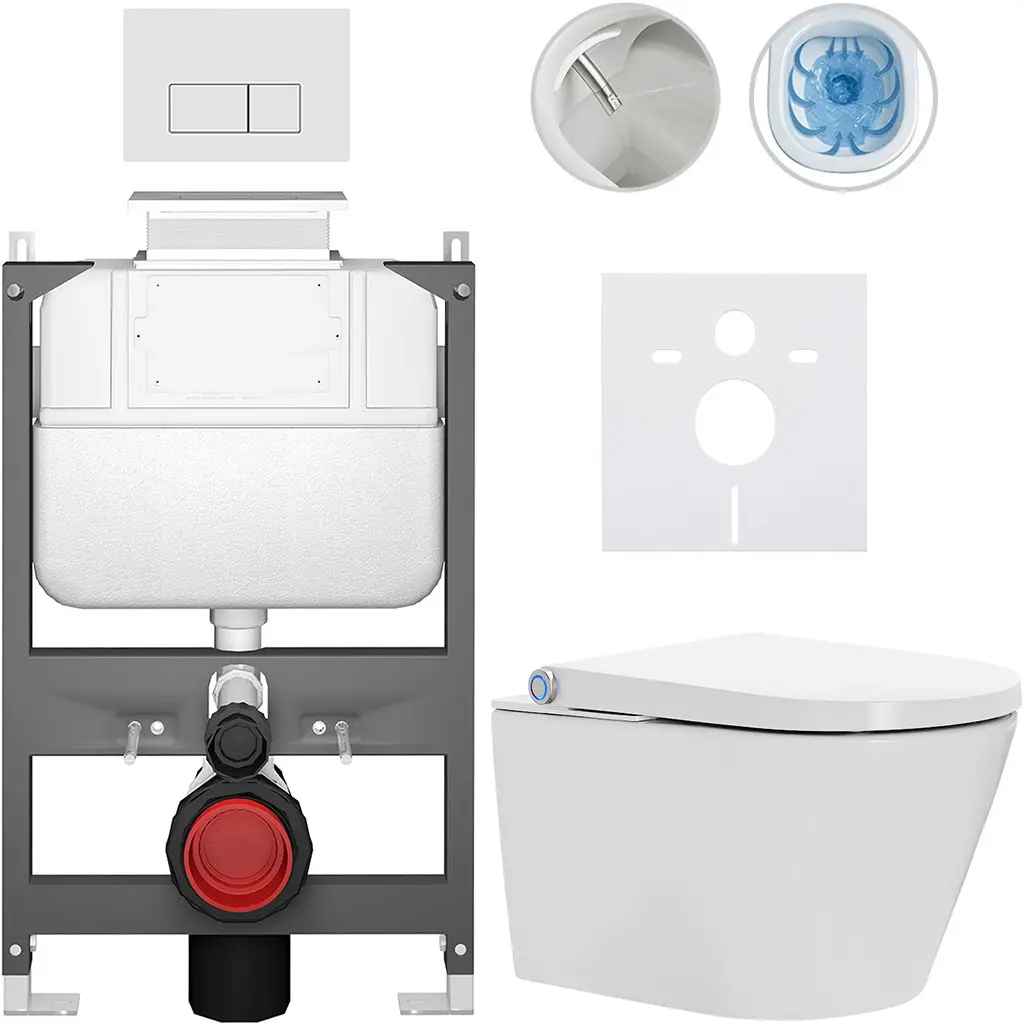 Závěsné WC s bidetem Basic/Cronus Standard - bílá lesklá - WC tlačítko Modulo/Bílá - ovládání shora - předstěnová instalace - 59,3x38,4 cm