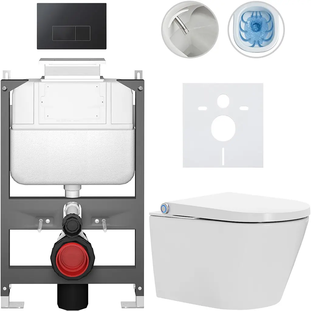 Závěsné WC s bidetem Basic/Cronus Standard - bílá lesklá - WC tlačítko Modulo/Černá - ovládání shora - předstěnová instalace - 59,3x38,4 cm