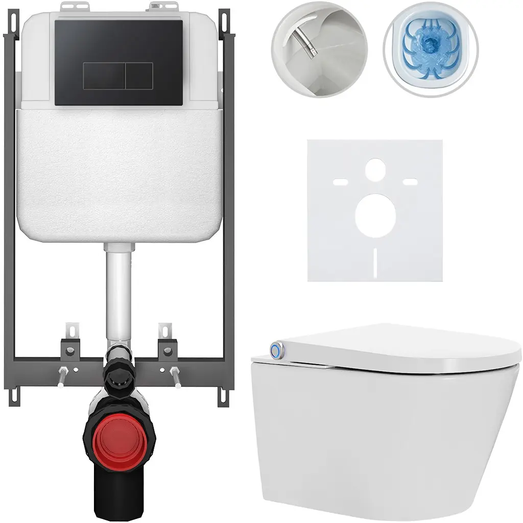 Závěsné WC s bidetem Basic/Cronus Standard - bílá lesklá - WC tlačítko Modulo/Černá - pro zazdění - 59,3x38,4 cm