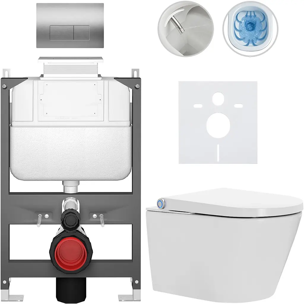 Závěsné WC s bidetem Basic/Cronus Standard - bílá lesklá - WC tlačítko Modulo/Stříbrná - ovládání shora - předstěnová instalace - 59,3x38,4 cm