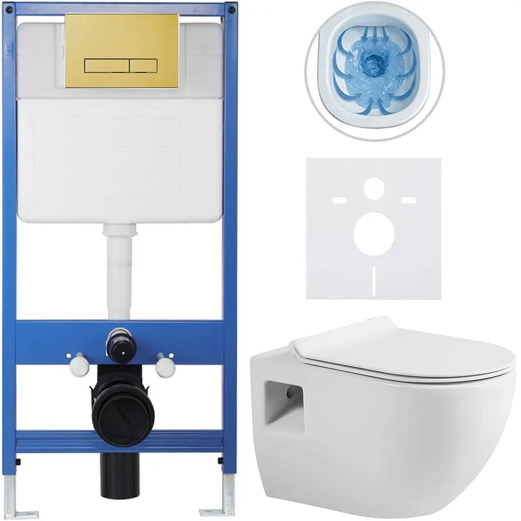 Kompletní WC set Profi/Dure - bílá lesklá - WC tlačítko Slim/Zlatá - předstěnová instalace - 51x35 cm