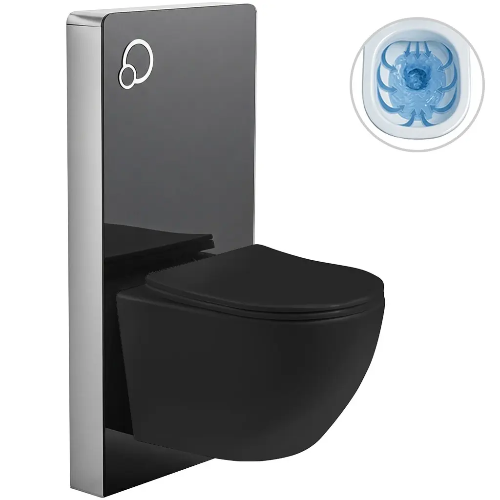 Kompletní WC set Modul/Cesso - černá lesklá - integrované WC tlačítko - pneumatický modul - 49x36 cm