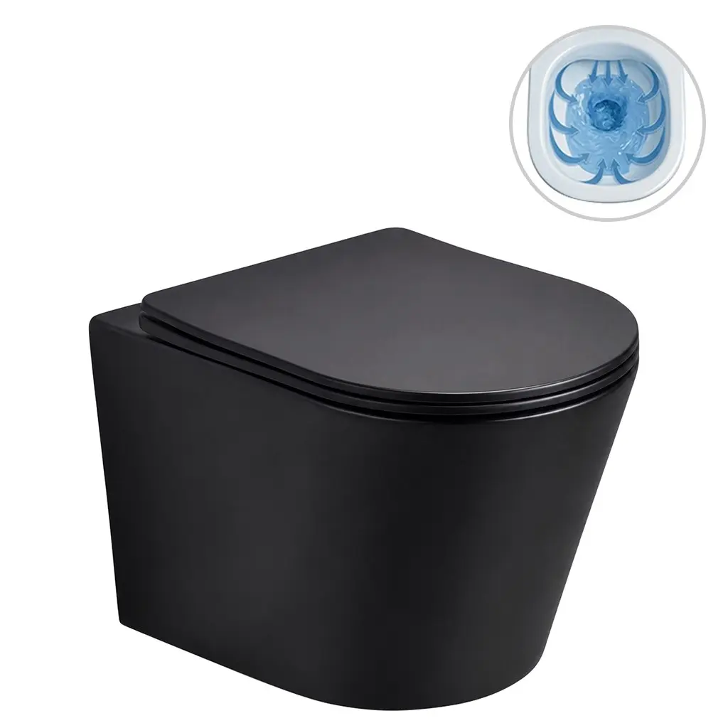 WC závěsné Hugo, Vortex - vírové splachování + Slim/SoftClose sedátko - černá matná - 53x36 cm