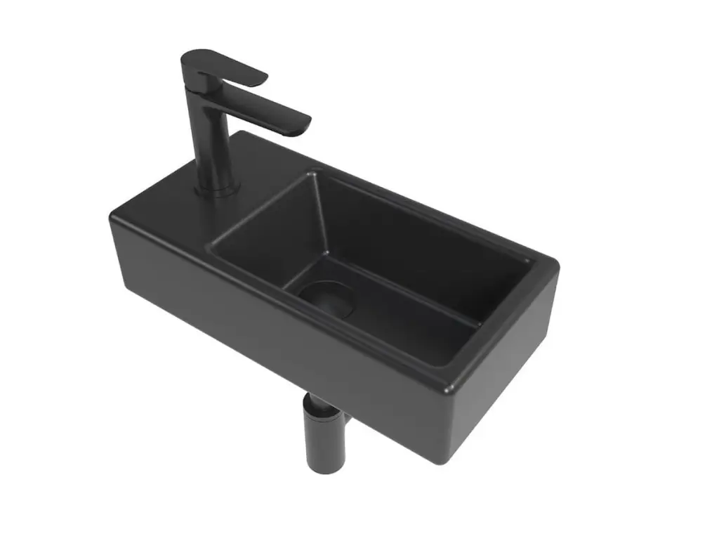 SAT Koupelnový set levého závěsného umývátka Brevis 40,5 cm, pákové baterie, sifonu, průtočné zátky a roháčků v černé barvě KSETBRE2LBKM KSETBRE2LBKM