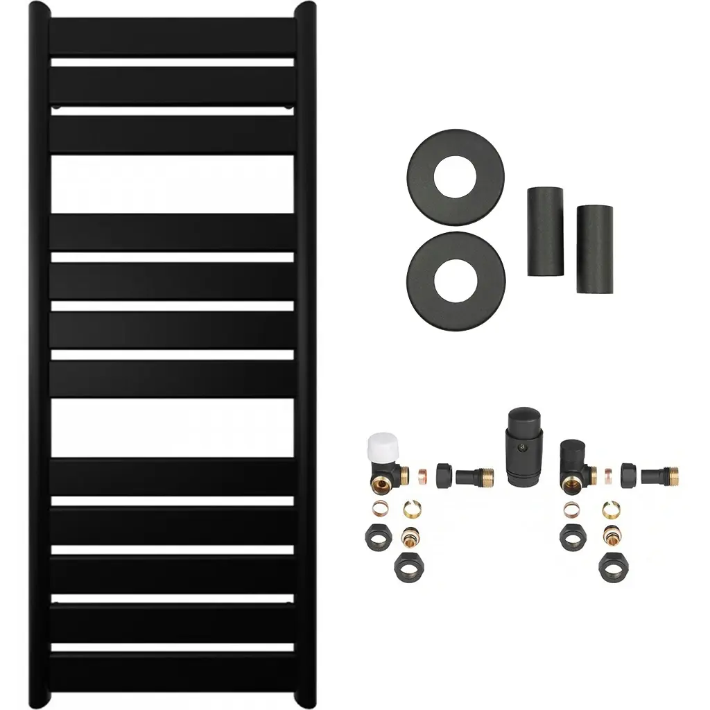Koupelnový radiátorový set Arturo - ústřední vytápění - boční připojení - 644W - černá matná - 1200x500 mm
