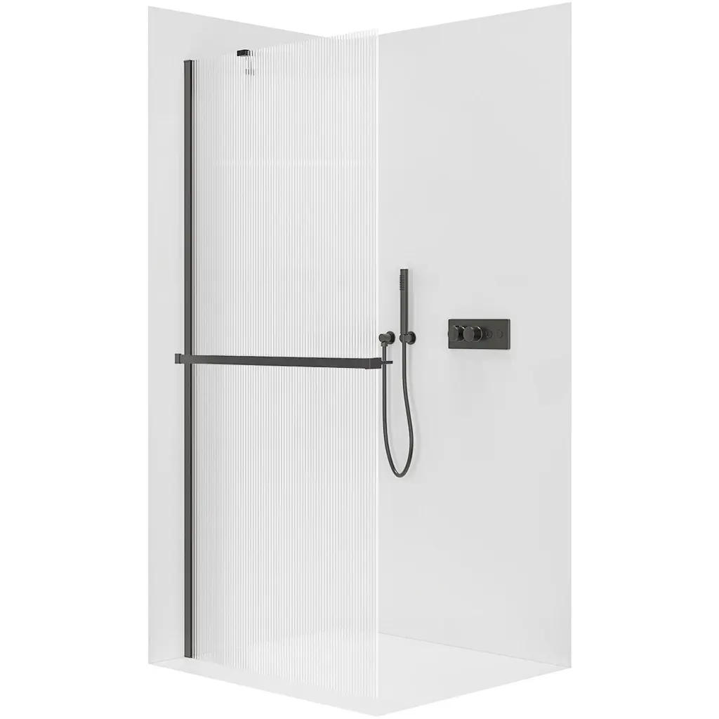 Sprchová zástěna Walk-in Onyx Y L/P - 8 mm + polička/držák na ručníky - černá matná, rýhované sklo - 60x200 cm