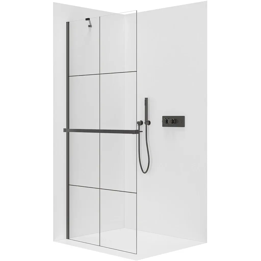 Sprchová zástěna Walk-in Onyx Y L/P - 8 mm + polička/držák na ručníky - černá matná, industriální sklo - 160x200 cm