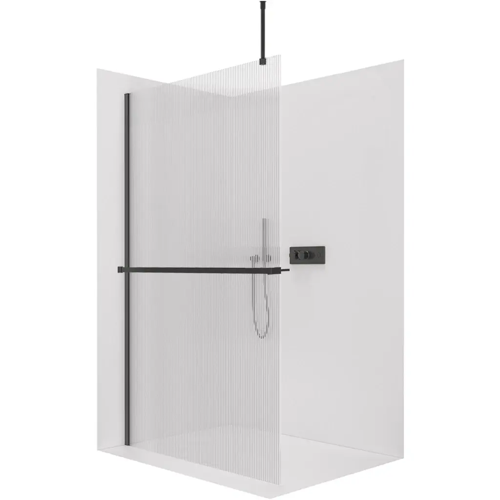 CERANO Sprchová zástěna Walk-in Onyx Top Round L/P 8 mm kulatá vzpěra + polička/držák na ručníky černá matná, rýhované sklo 80x200  CER-8050BD1627