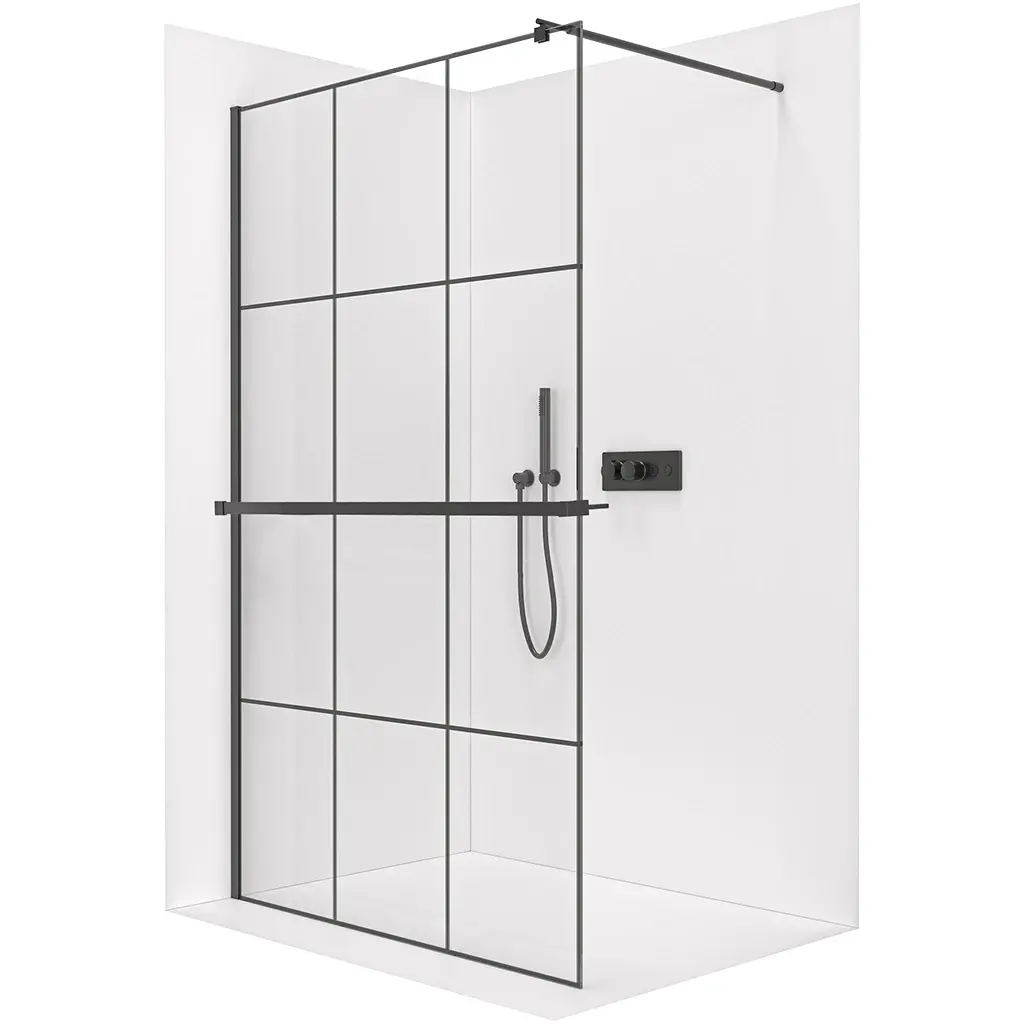 Sprchová zástěna Walk-in Onyx Round L/P - 8 mm + polička/držák na ručníky - kulatá vzpěra - černá matná, industriální sklo - 110x200 cm