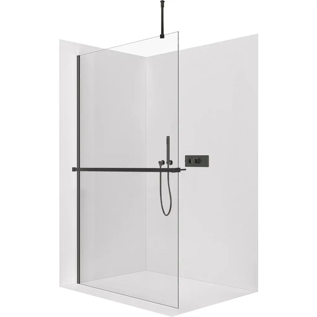 CERANO Sprchová zástěna Walk-in Onyx Top Round L/P 8 mm kulatá vzpěra + polička/držák na ručníky černá matná, transparentní sklo 110x200 CER-8050BD1722