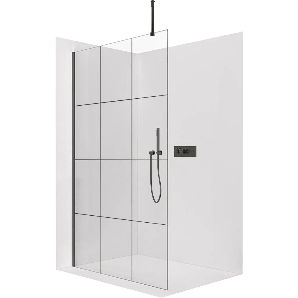 Sprchová zástěna Walk-in Onyx Top Round L/P - 8 mm - kulatá vzpěra - černá matná, industriální sklo - 150x200 cm