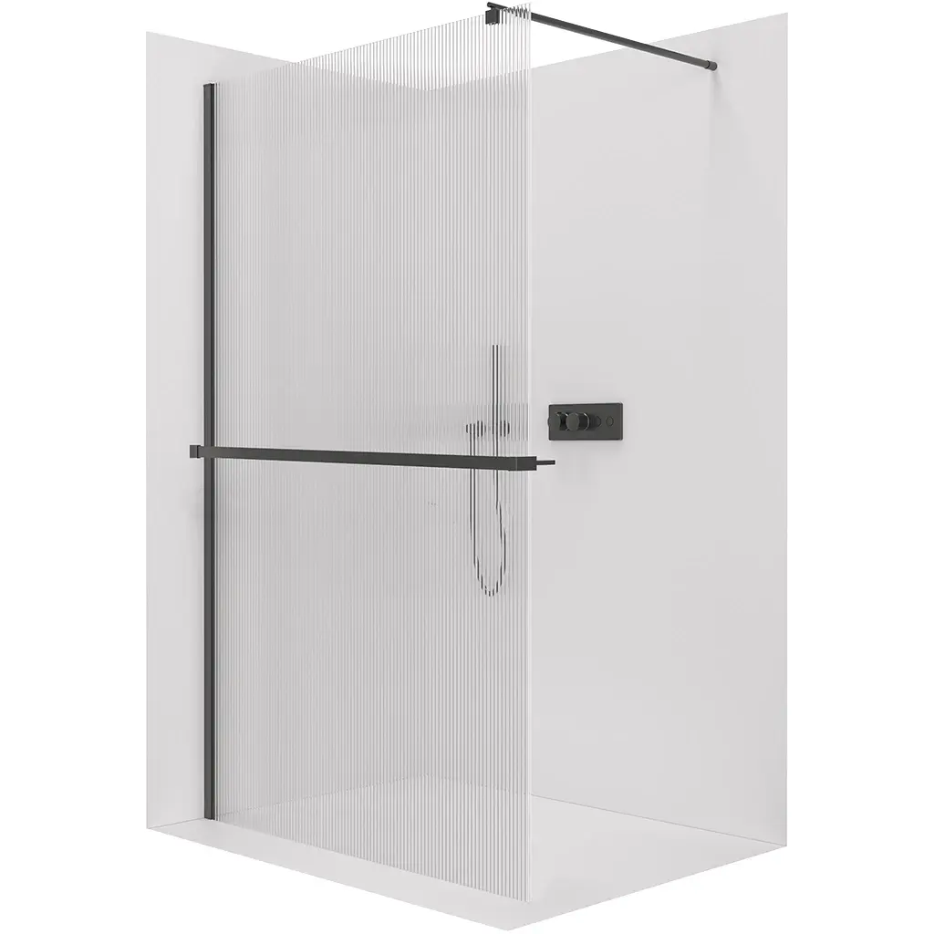 Sprchová zástěna Walk-in Onyx Round L/P - 8 mm + polička/držák na ručníky - kulatá vzpěra - černá matná, rýhované sklo - 60x200 cm