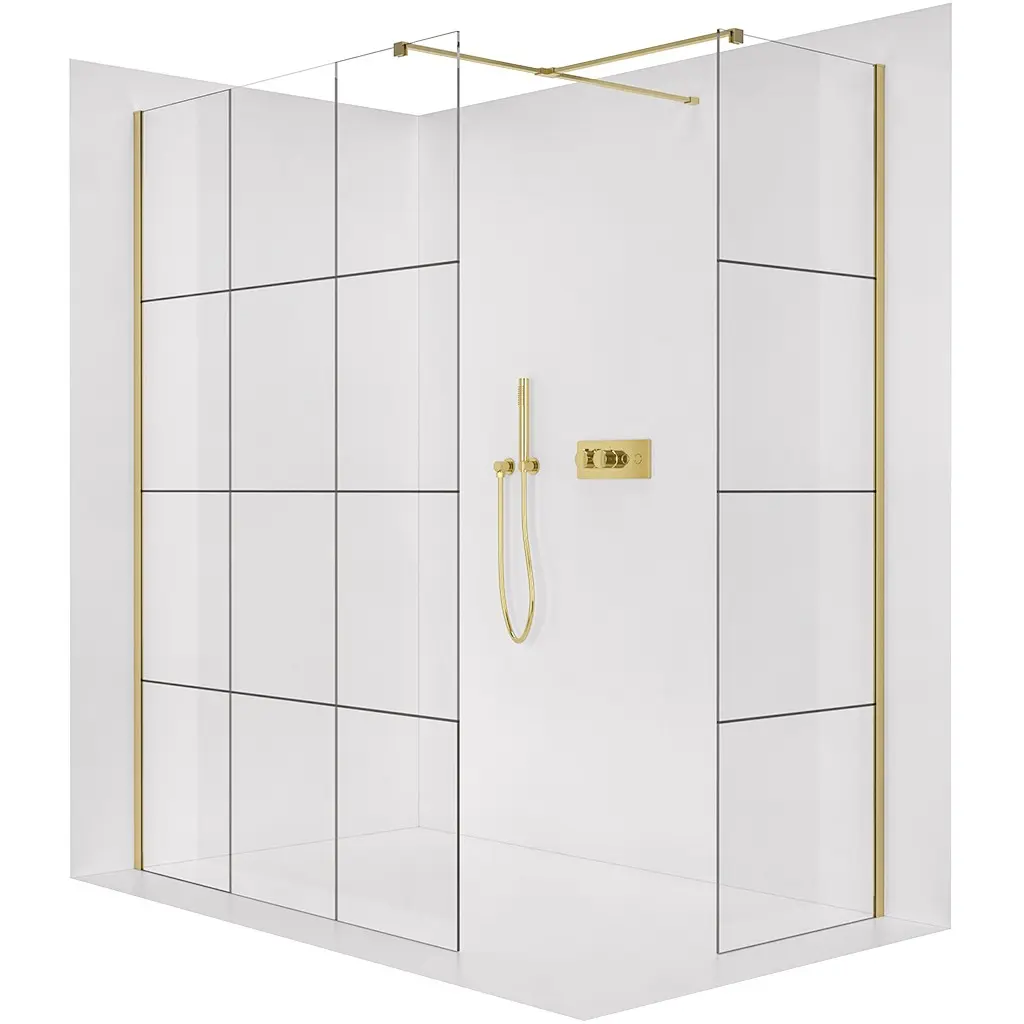 Sprchová zástěna Walk-in Onyx T L/P - 8 mm - hranatá vzpěra - zlatá, industriální sklo - 150x110x200 cm