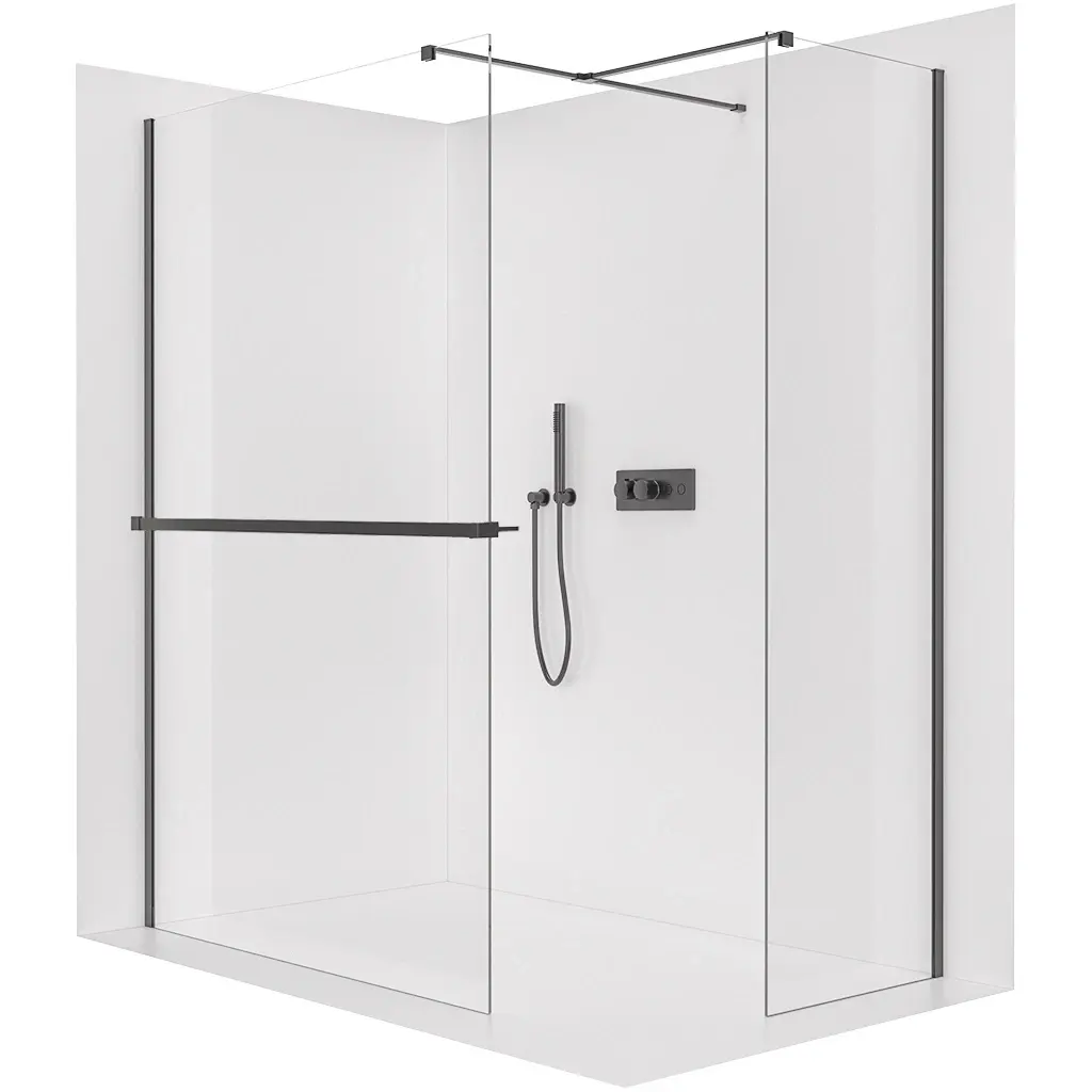 CERANO Sprchová zástěna Walk-in Onyx T L/P 8 mm hranatá vzpěra + polička/držák na ručníky černá matná, transparentní sklo 110x50x200  CER-8050BD3950